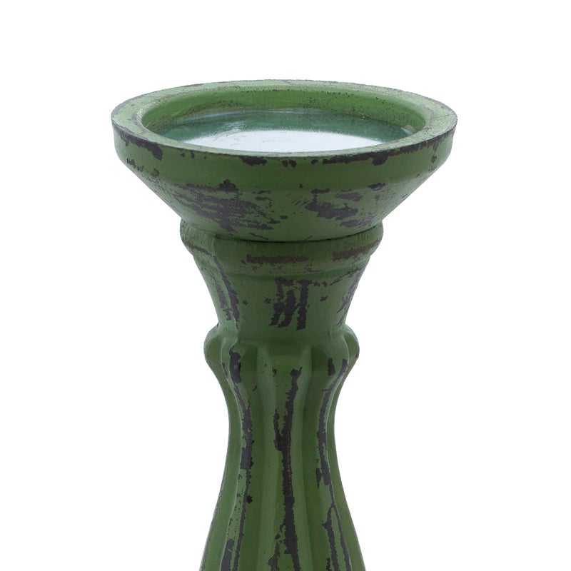 Deco 79 Wooden Decorative Candle Holder Distressed Turned Pillar Candle Stand, Set of 3 Candlestick Holder 15", 13", 11"H, Green - Image 3